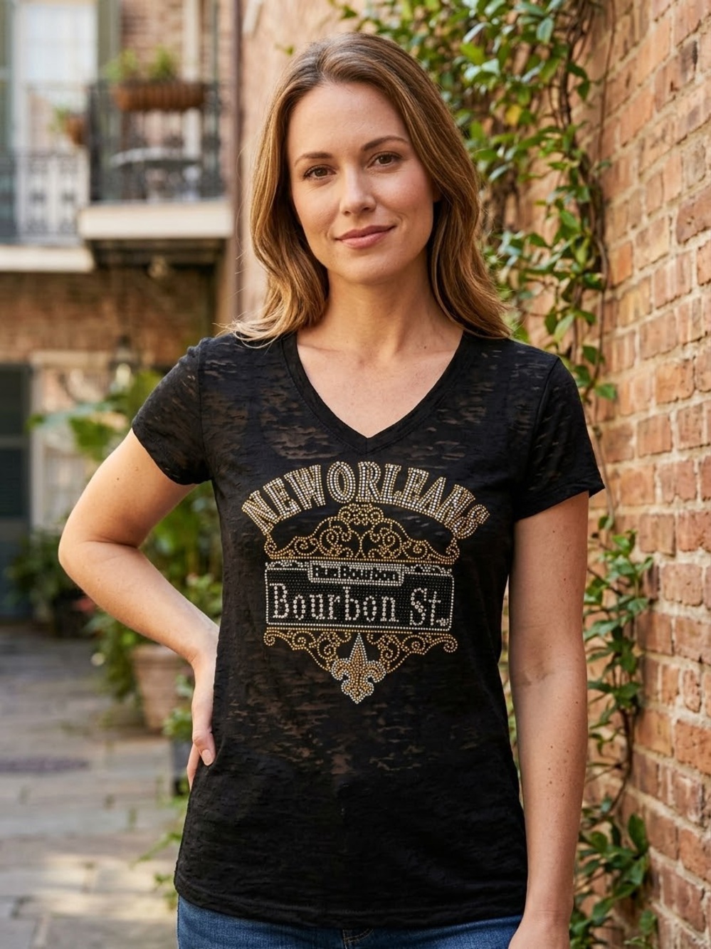 New Orleans Bourbon St. Bling Burnout Graphic Tee S 17” p2p Black NWOT
